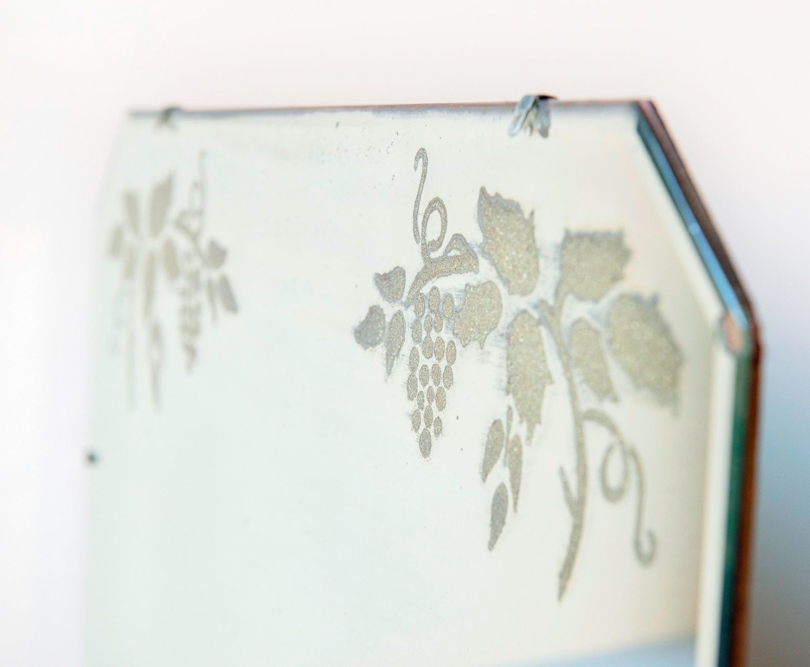 Art Deco Wall Mirror With Grapes Motif & Hanging Chain   Antique Frameless Etched Glass Mirror photo vinterior