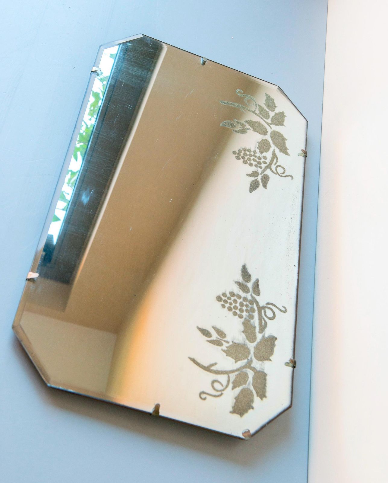 295.0 Art Deco Wall Mirror With Grapes Motif & Hanging Chain   Antique Frameless Etched Glass Mirror photo