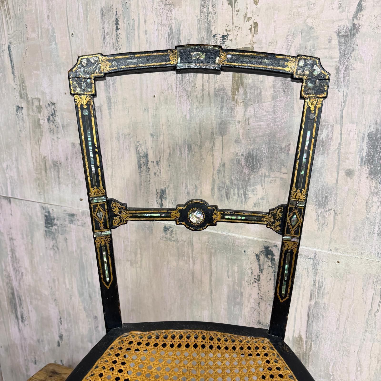 Antique Victorian Ebonised Wooden Chair Aesthetic Movement Inlaid Mother Of Pea photo Furniture