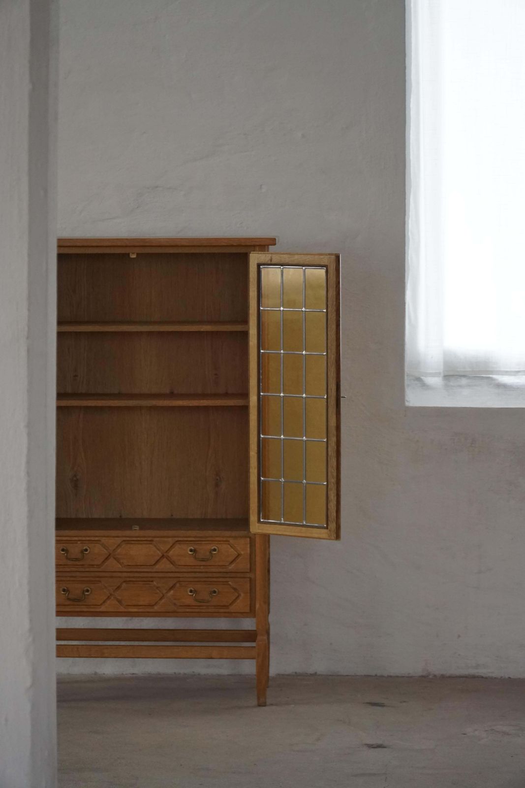 Danish Mid Century, Modern Oak Display Cabinet With Leaded Glass, 1960s photo Furniture
