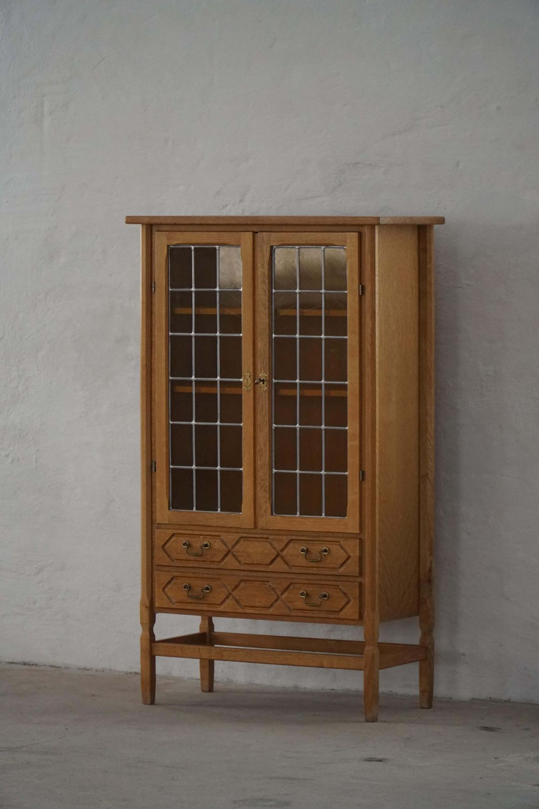 Danish Mid Century, Modern Oak Display Cabinet With Leaded Glass, 1960s photo vinterior