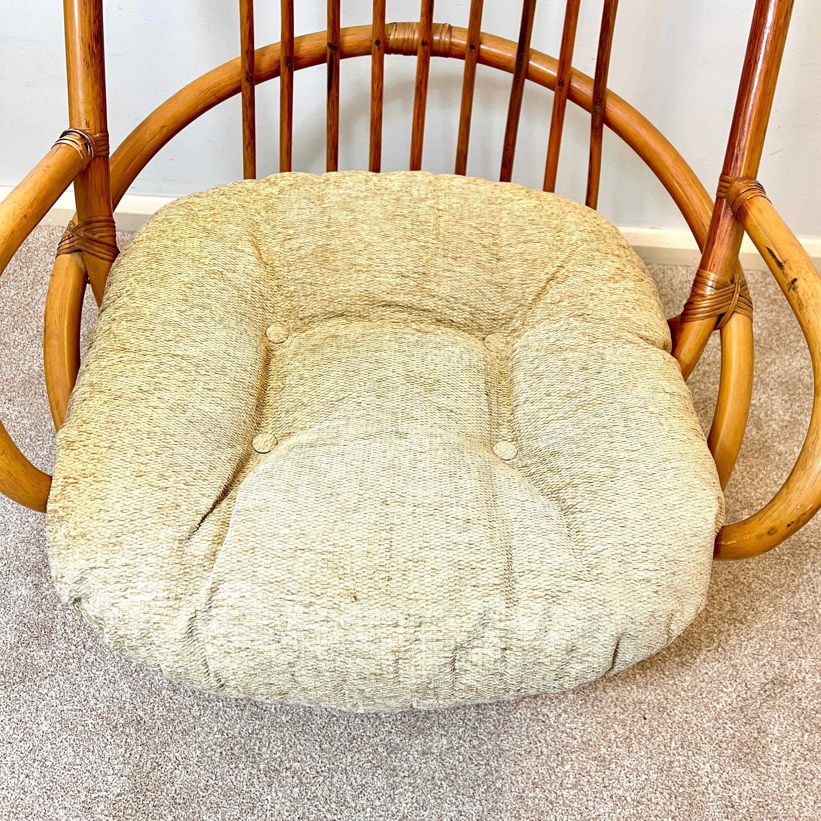 photo for sale Vintage Bamboo Cane Swivel Egg Chair With Seat Cushion