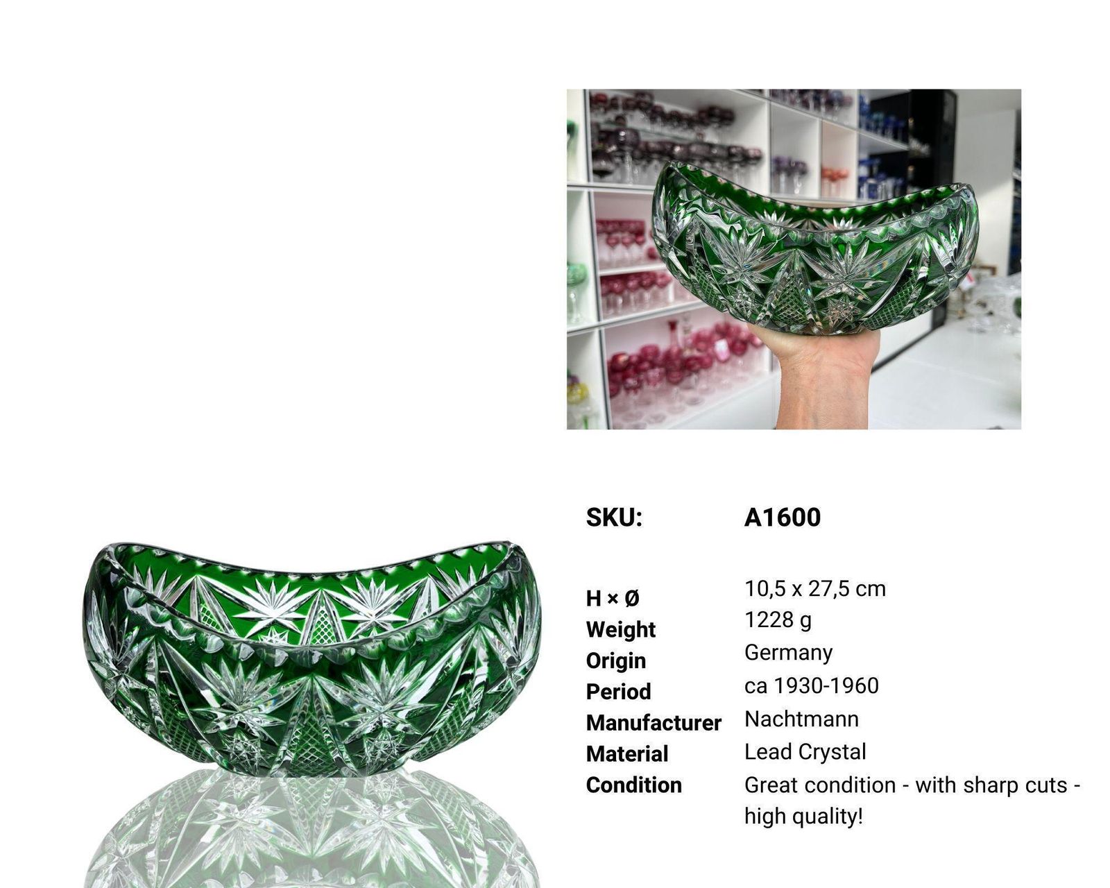 Emerald Green Crystal Bowl | Vintage Nachtmann photo for sale