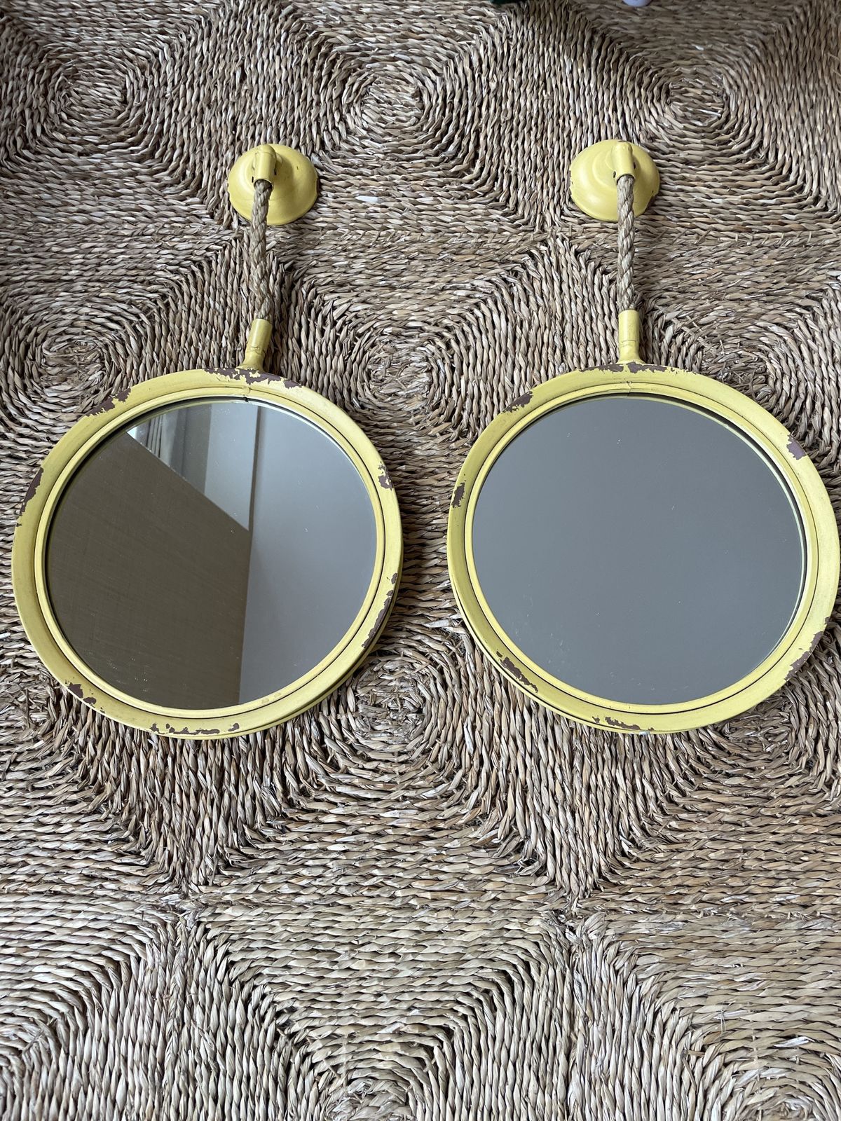 Pair Of Distressed Yellow Metal "Port Hole" Mirrors With Jute Rope Detail photo furniture