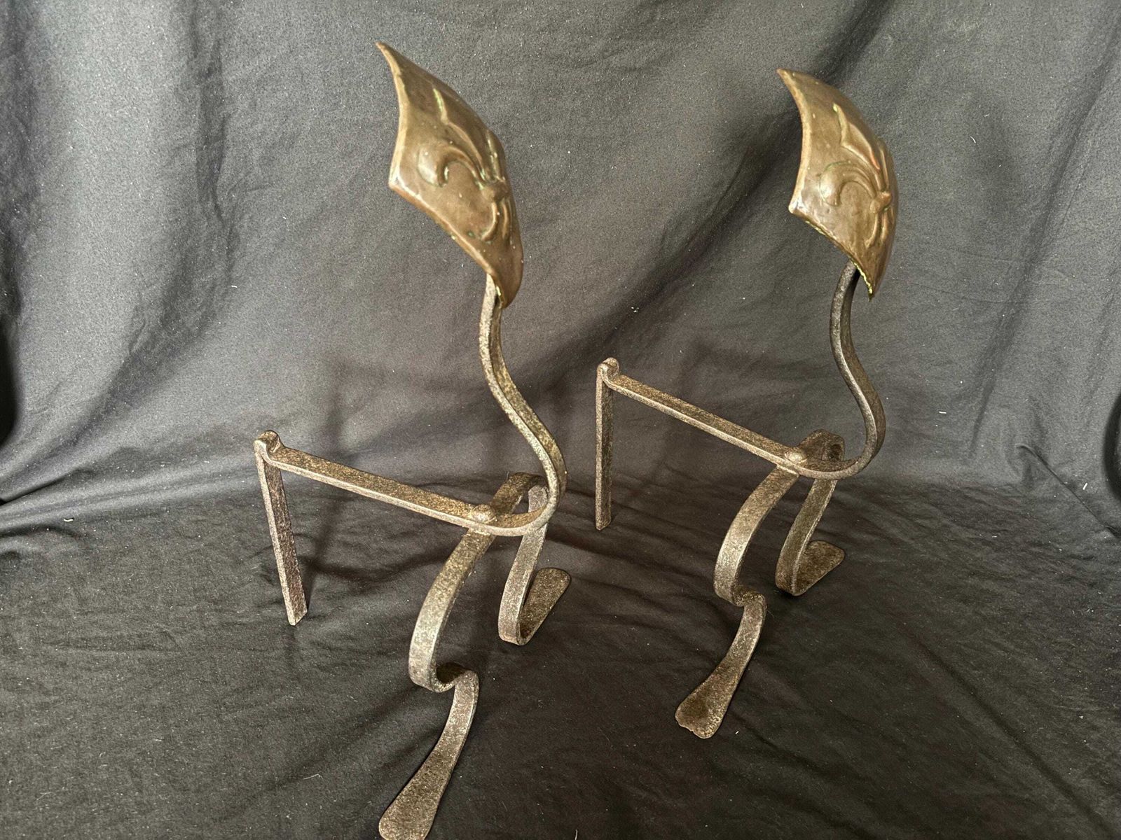 Arts And Crafts Fire Dogs With Hammered Copper Fleur De Lis Design photo furniture