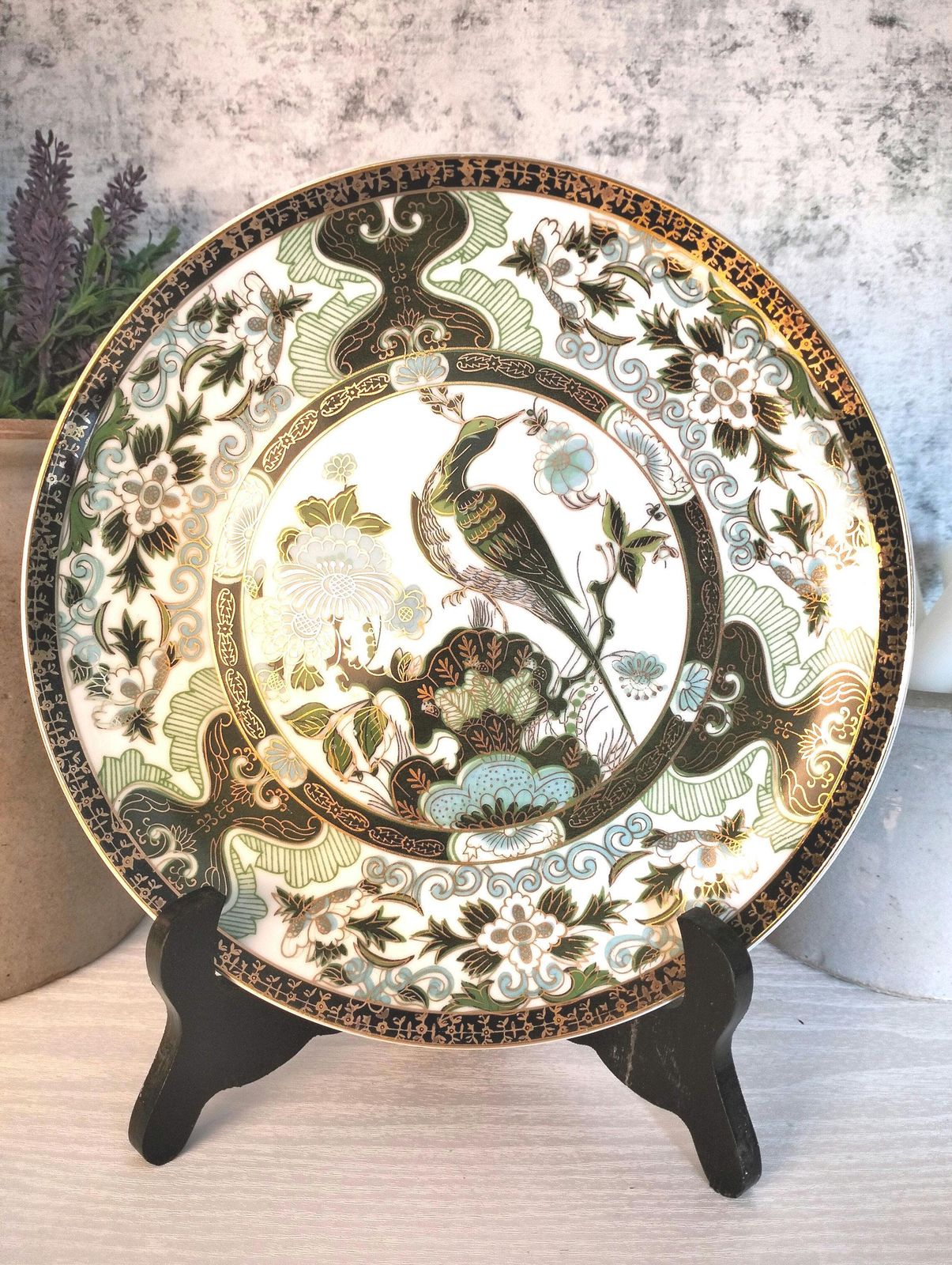 Vintage French Ceramic Bird Wall Plate, Green Chinoiserie Decor