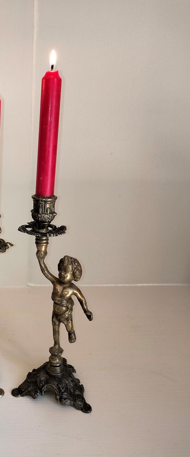 Vintage French Brass Cherub Candlestick, Art Nouveau Candle Holder photo vinterior