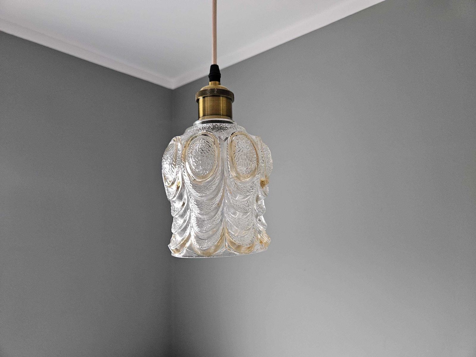 Set Of 3 Vintage Glass Pendant Lights | Textured Clear Glass | Brass Tone Kitchen Island Lighting photo buy