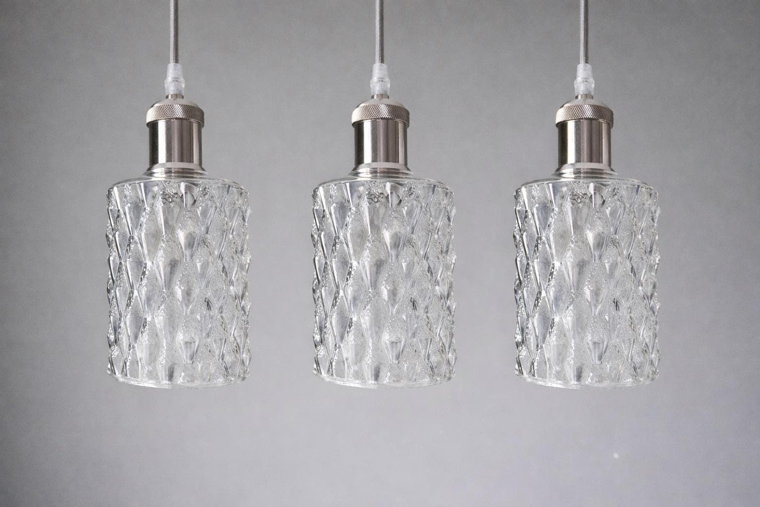 Set Of 3 / Vintage Textured Glass Pendant Light – Clear Pressed Glass, Rewired