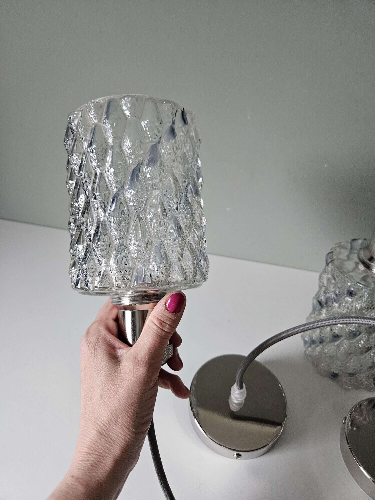 196.0 Set Of 3 / Vintage Textured Glass Pendant Light – Clear Pressed Glass, Rewired photo