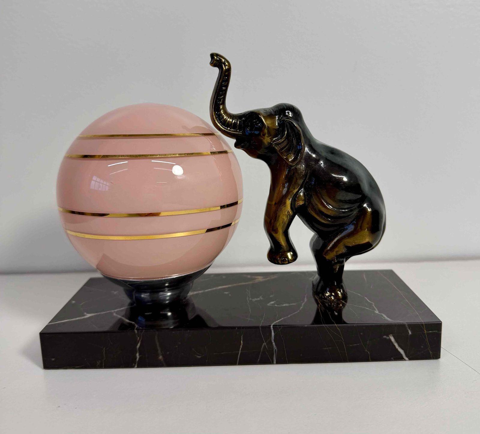 French Art Deco Table Lamp With Elephant Sculpture And Pink Sphere, 1950s photo furniture