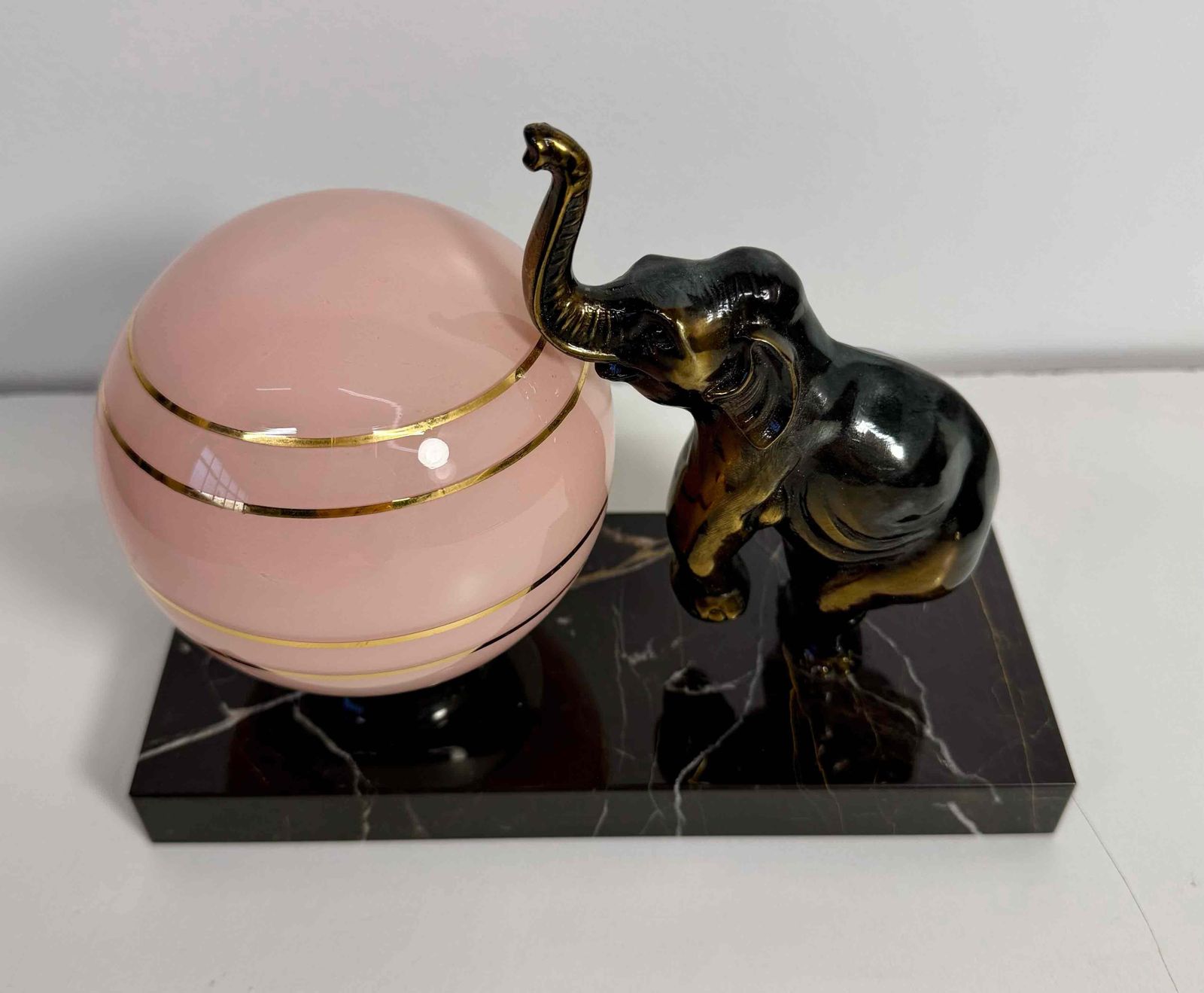 French Art Deco Table Lamp With Elephant Sculpture And Pink Sphere, 1950s photo for sale