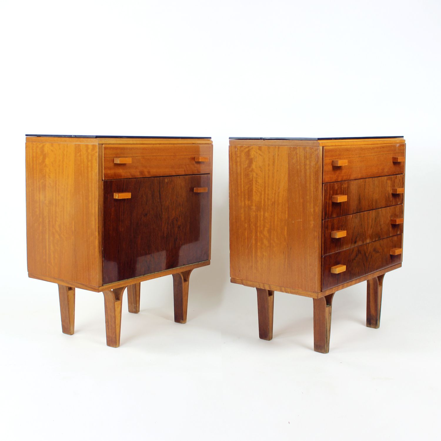 Furniture Set Of Mid Century Bedside Tables In Walnut And Black Glass, Czechoslovakia 1960s photo