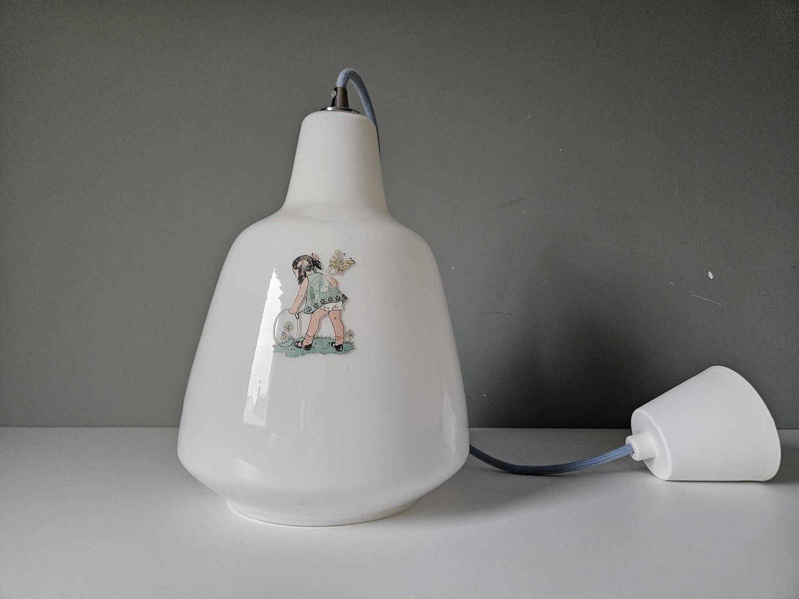 photo for sale Vintage Children’s Glass Pendant Light – Illustrated Milk Glass, Rewired With Blue Textile Cable