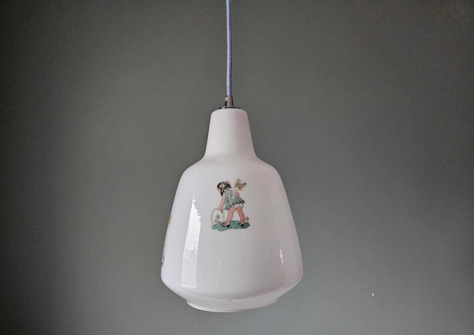 photo vinterior Vintage Children’s Glass Pendant Light – Illustrated Milk Glass, Rewired With Blue Textile Cable