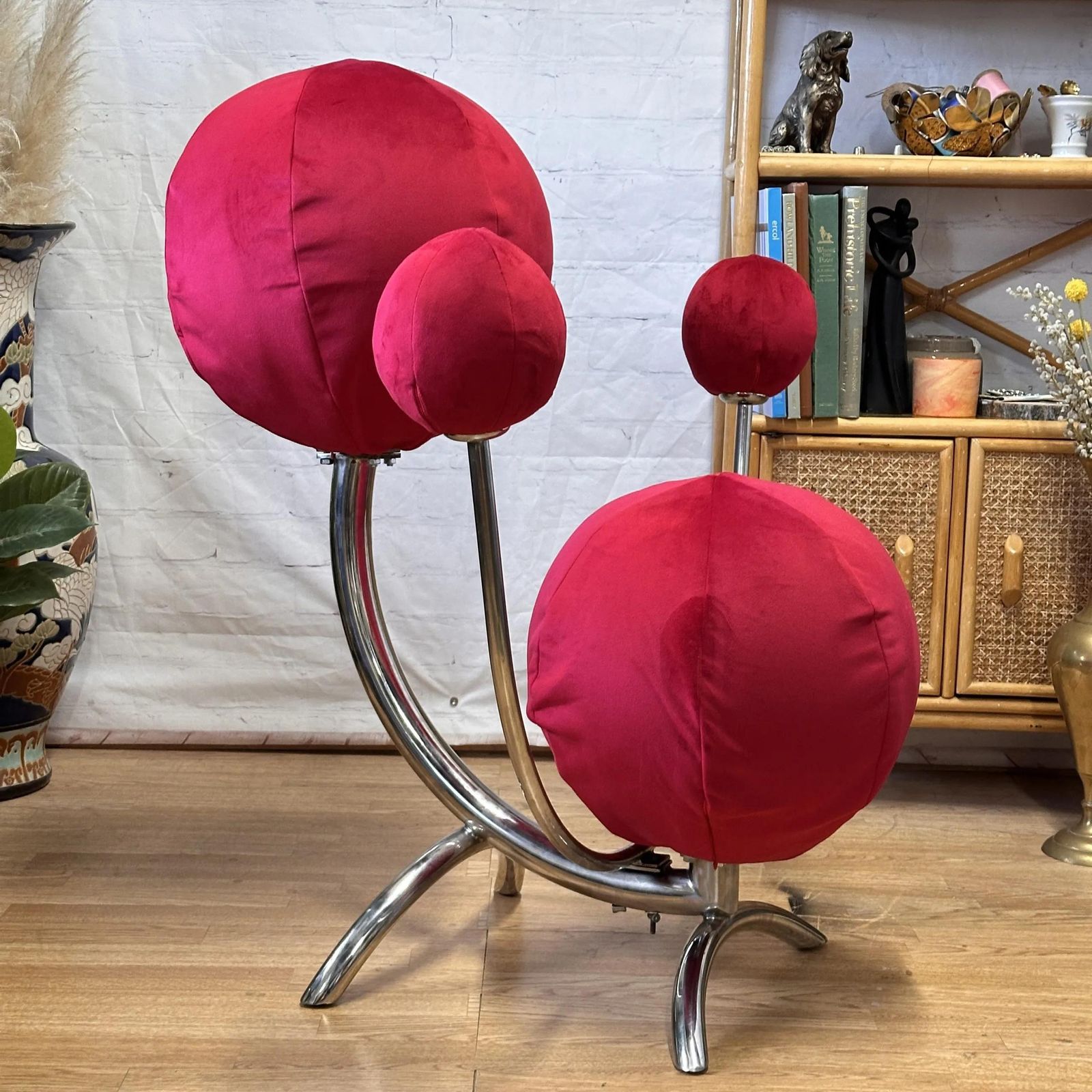 Alan Eagle Solar System Chair Red Velvet & Chrome Post Modern Orbital Design photo vintage