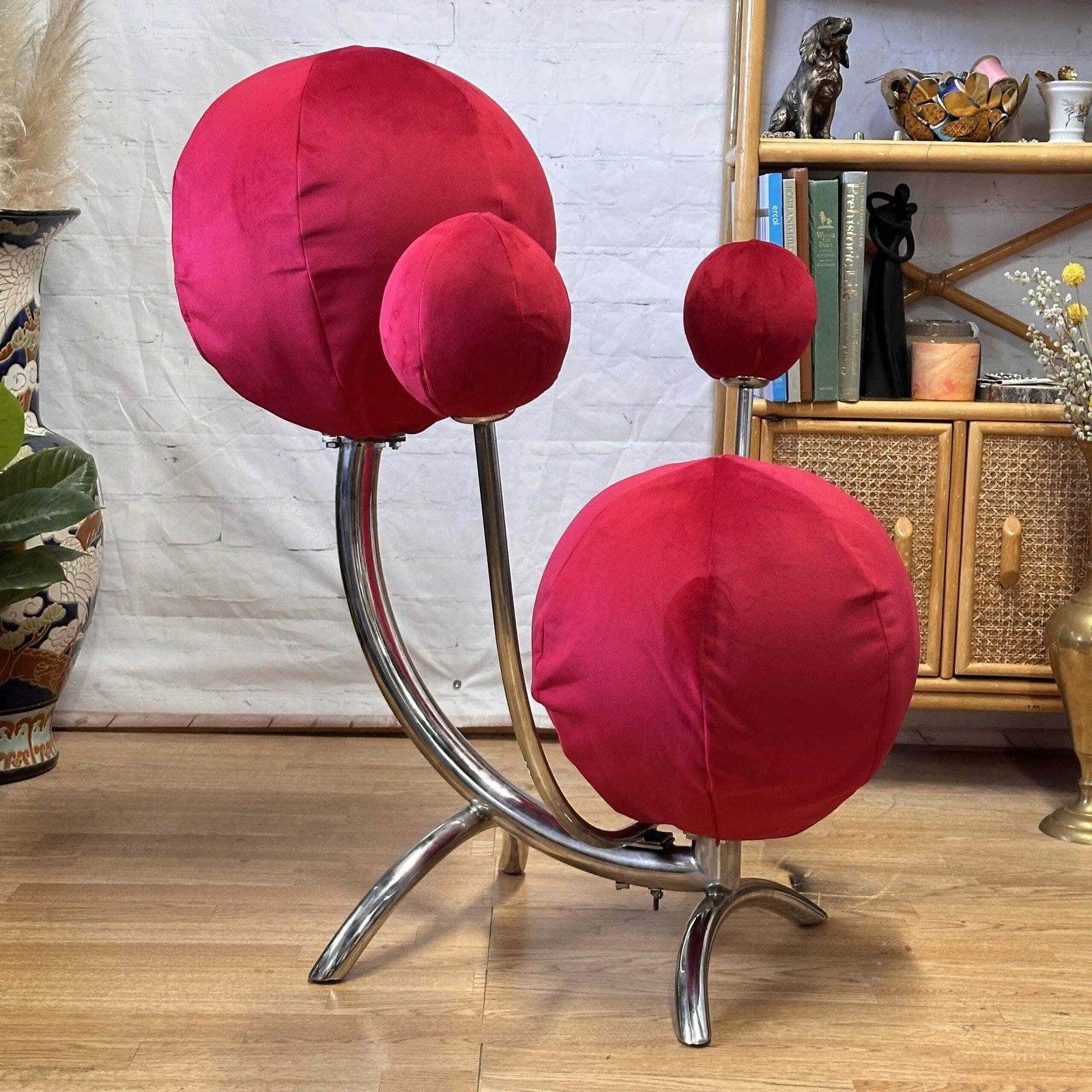 photo furniture Alan Eagle Solar System Chair Red Velvet & Chrome Post Modern Orbital Design