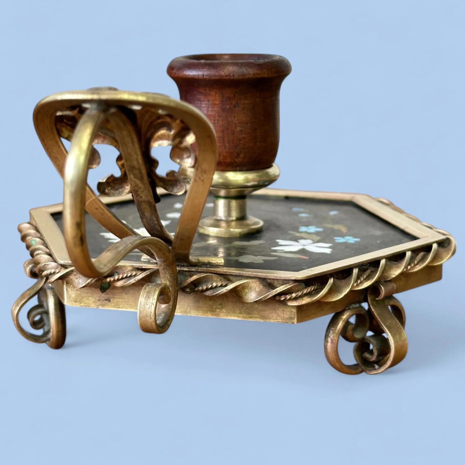 Rare 19th Century French Pietra Dura Chamberstick, Floral Inlay Brass Candle Holder photo buy