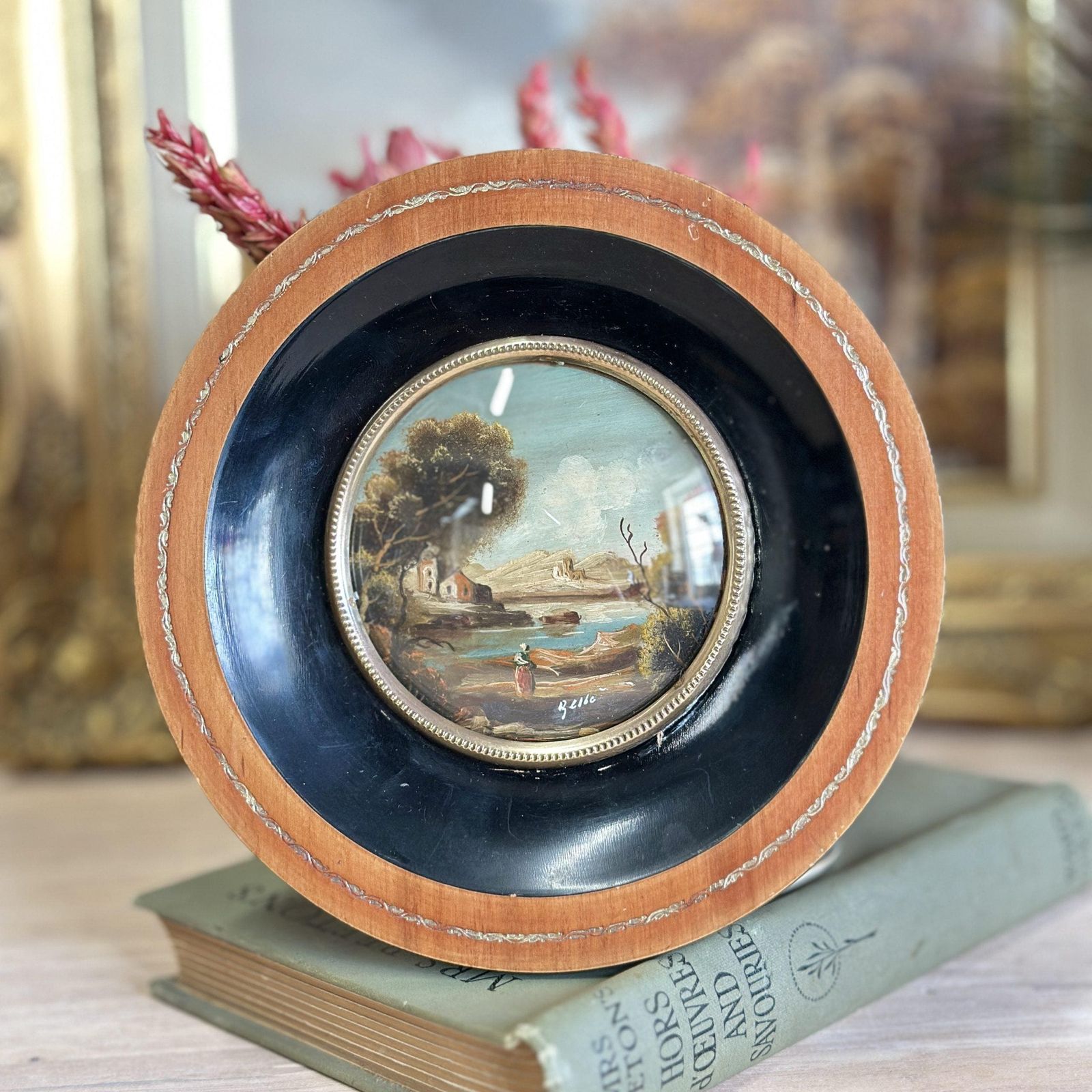 Antique Miniature Oil On Copper Landscape Round Tondo Frame Signed 19th C photo furniture