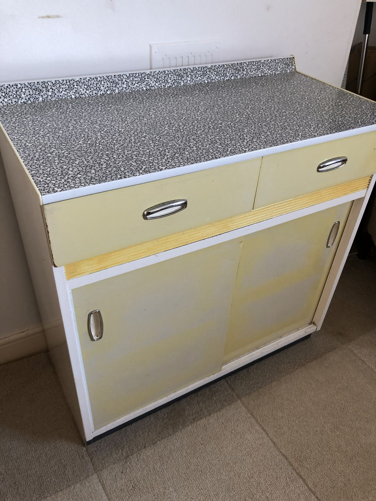 Rare 1950s 60s Formica Topped Kitchen Base Cupboard Yellow Sliding Doors Mid Century photo for sale