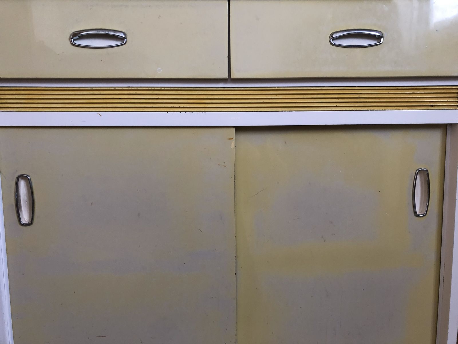 photo furniture Rare 1950s 60s Formica Topped Kitchen Base Cupboard Yellow Sliding Doors Mid Century