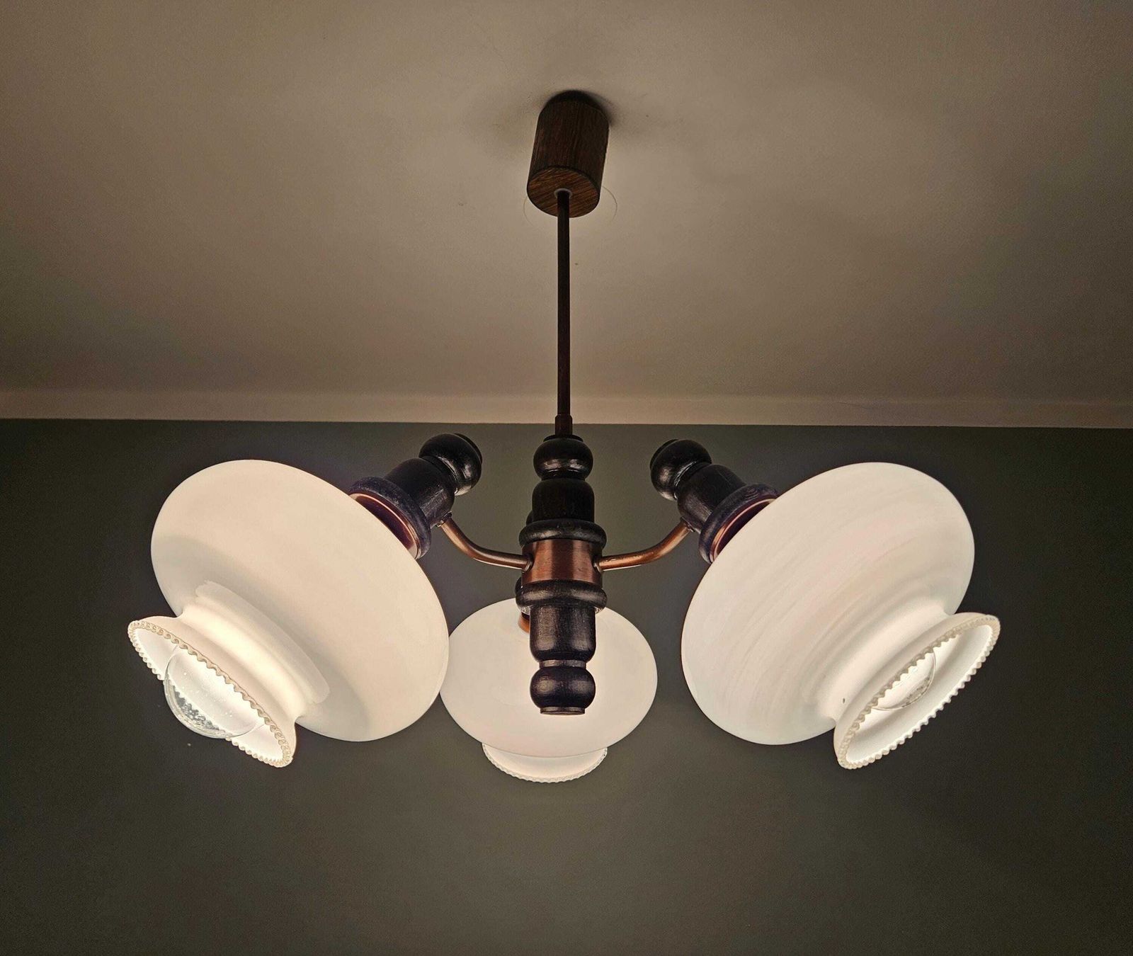 Vintage 3 Light Ceiling Chandelier – Opaline Glass Shades, Mid Century Style