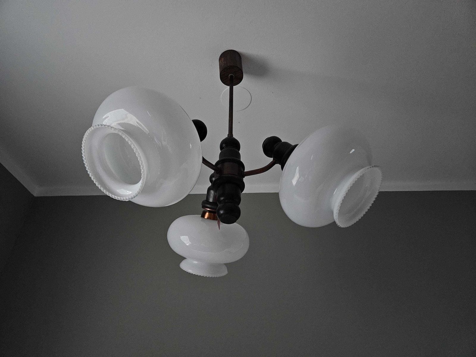 Lighting Vintage 3 Light Ceiling Chandelier – Opaline Glass Shades, Mid Century Style photo