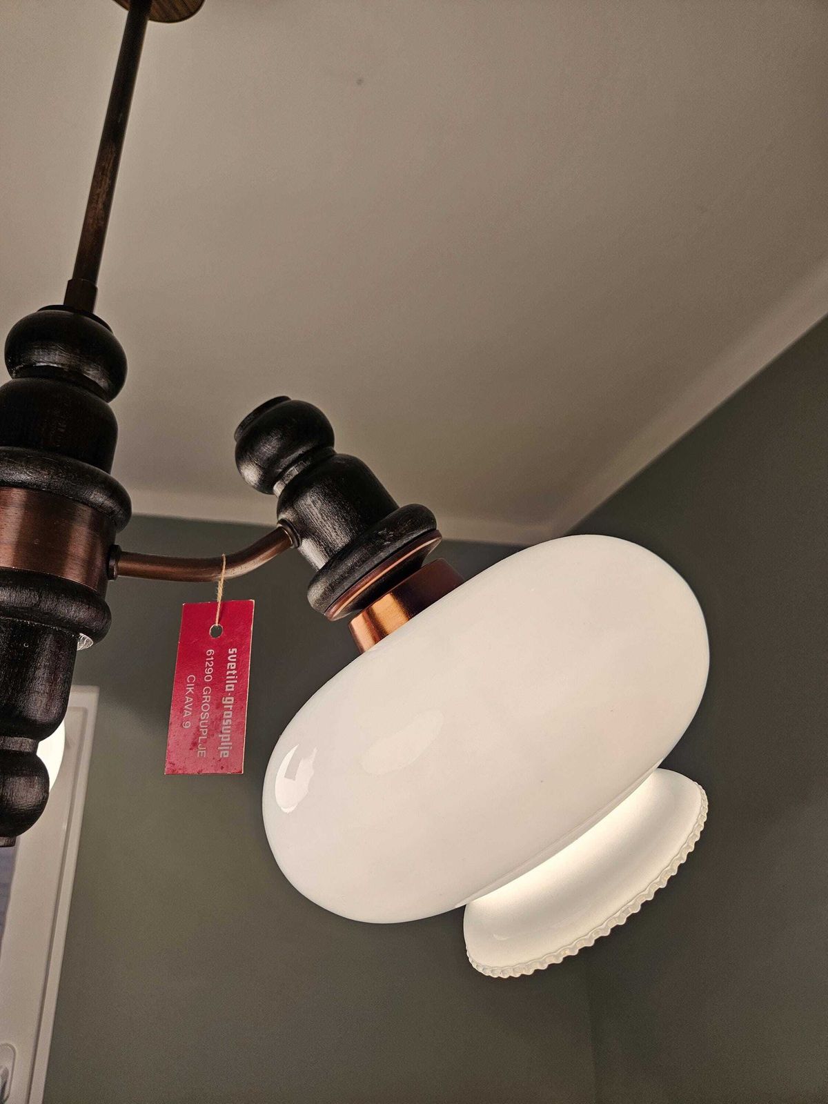 196.0 Vintage 3 Light Ceiling Chandelier – Opaline Glass Shades, Mid Century Style photo