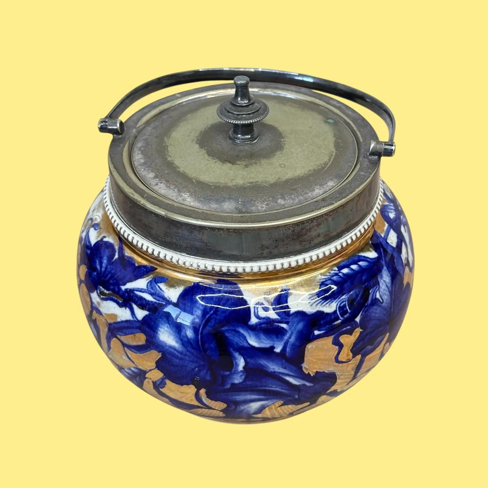 Antique Royal Crown Derby Biscuit Barrel With Epns Silver Plate Lid, Blue & Gold photo furniture