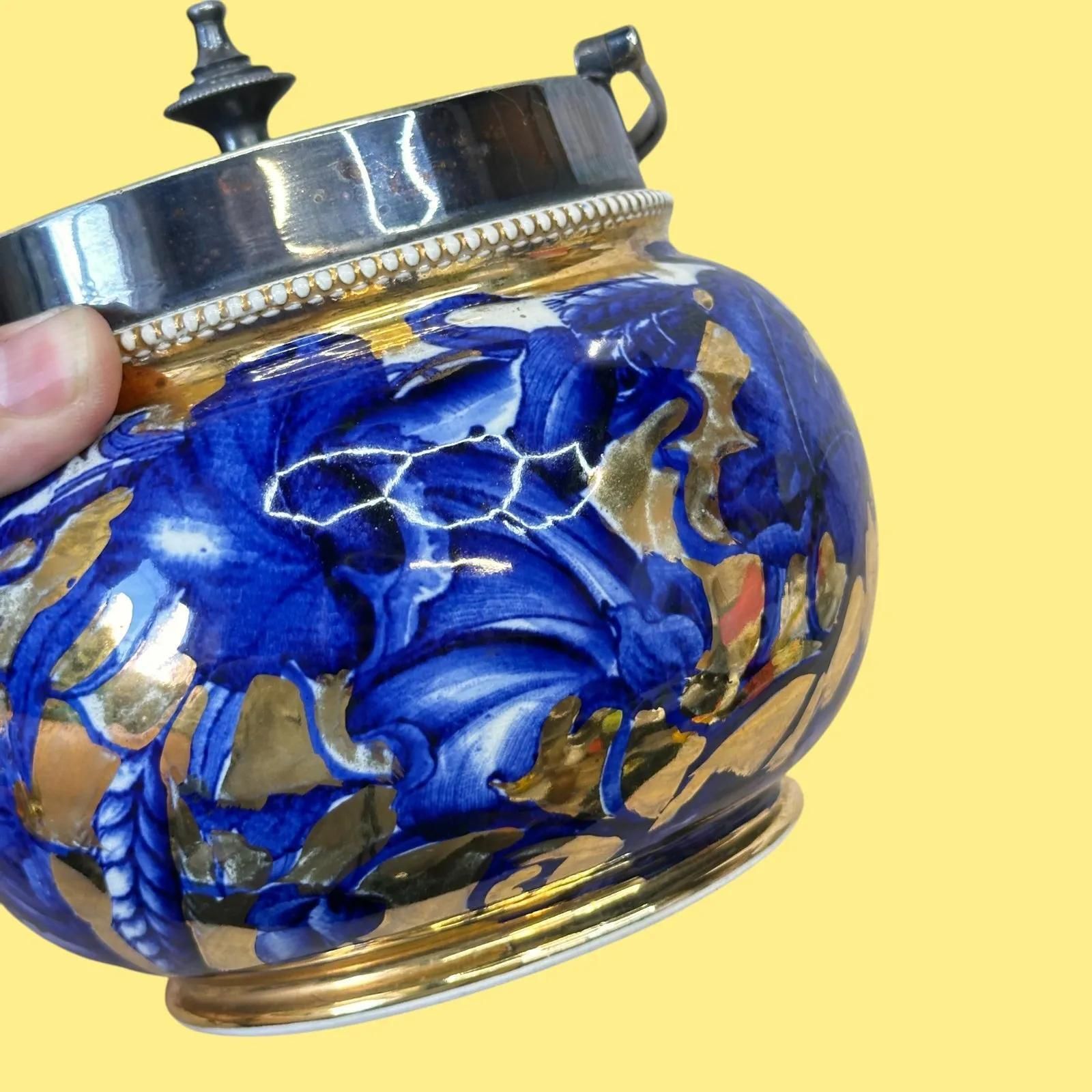 Antique Royal Crown Derby Biscuit Barrel With Epns Silver Plate Lid, Blue & Gold photo 110.0