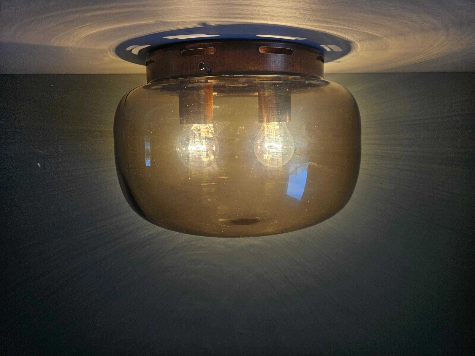 Vintage Glass Flush Mount Ceiling Light | Smoked Glass Shade | Copper Tone Fixture | Mid Century Style photo furniture