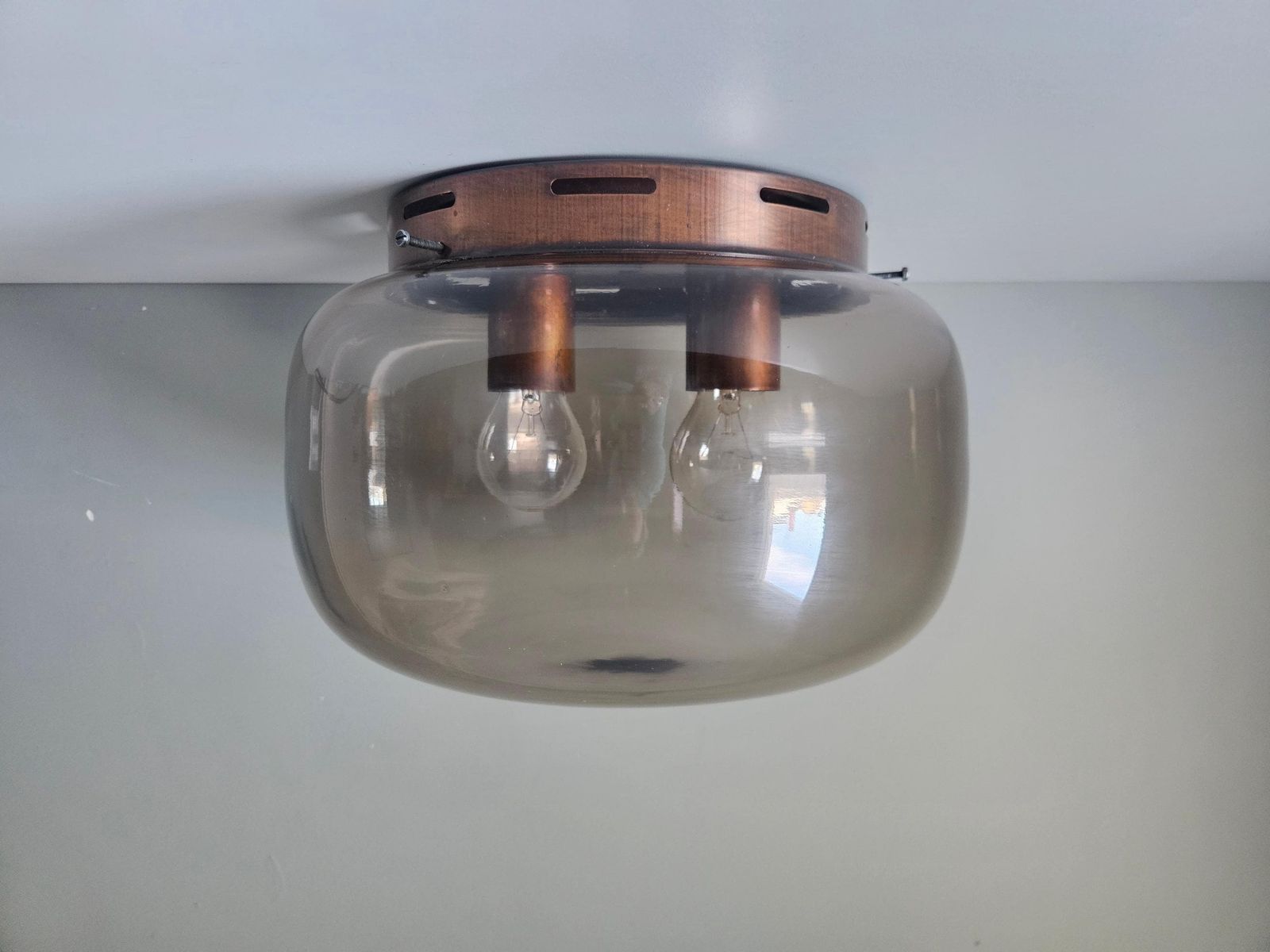 Lighting Vintage Glass Flush Mount Ceiling Light | Smoked Glass Shade | Copper Tone Fixture | Mid Century Style photo