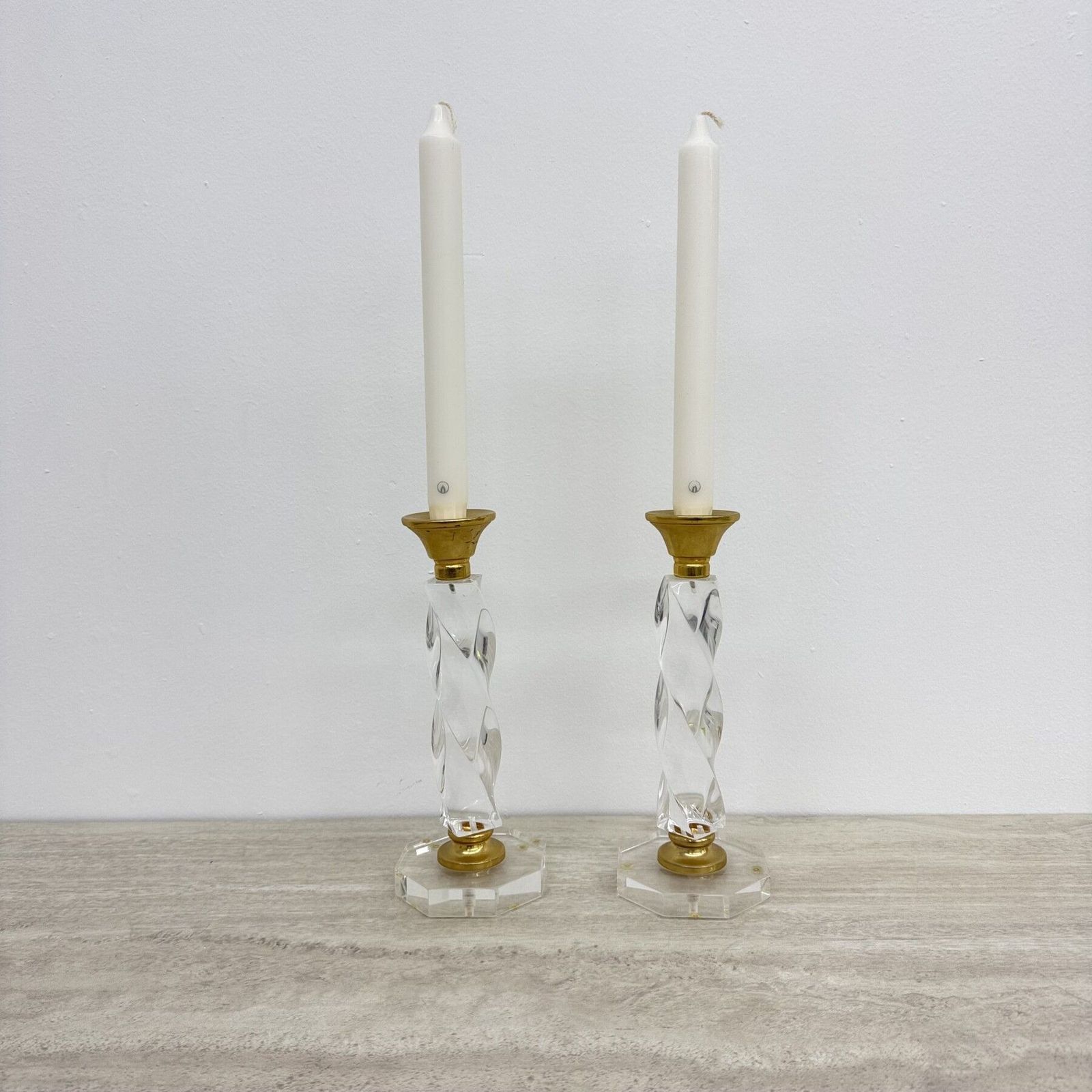 Set Of 2 Lucite Twisted Candle Sticks, 1970’s photo for sale