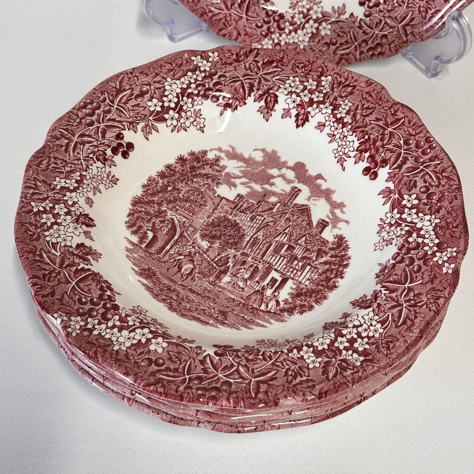 J & G Meakin Merrie England Red Transferware Soup Bowls Set Of 6 Vintage Ironstone photo for sale