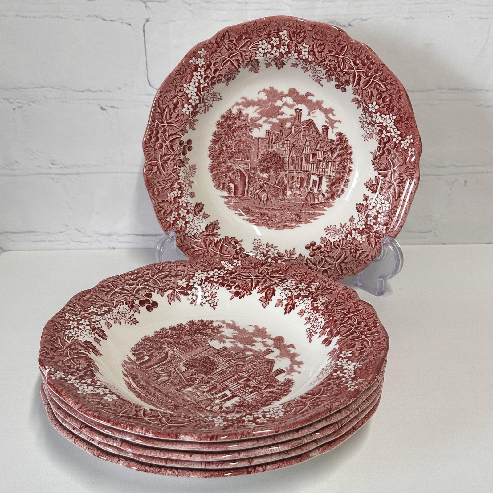 J & G Meakin Merrie England Red Transferware Soup Bowls Set Of 6 Vintage Ironstone photo Home Decor