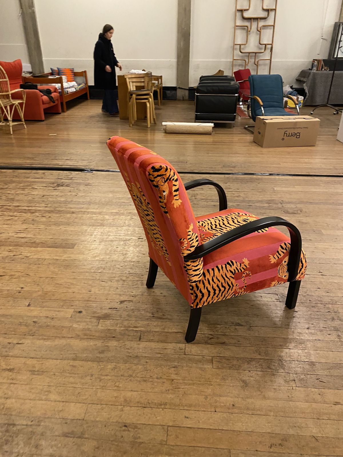 photo for sale 1940s Art Deco Armchair Bentwood Ebonised Pink Schumacher Jokhang Tiger Velvet Animal Thibet