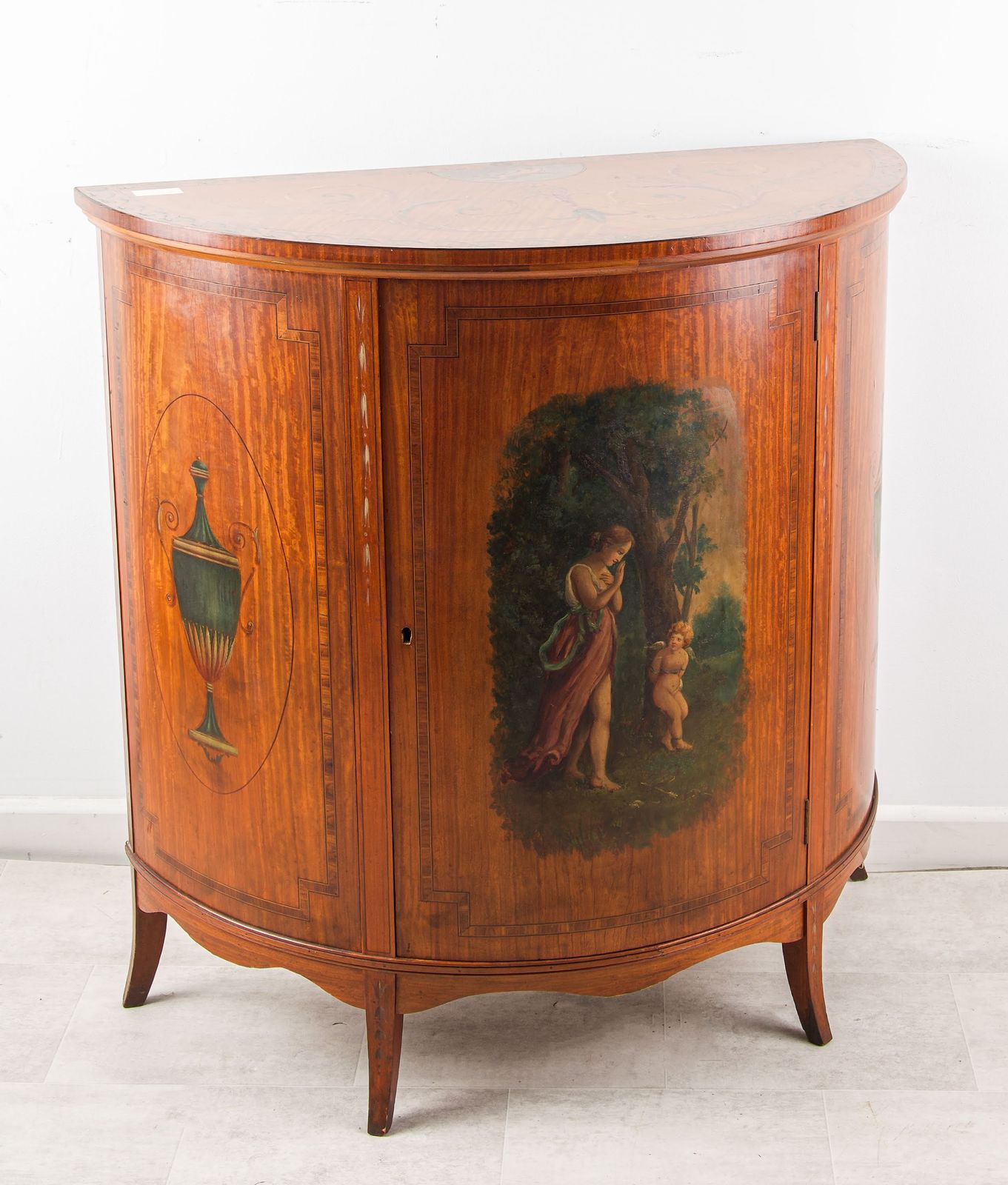 Victorian Satinwood Demi Lune Side Cabinet With Hand Painted Panels, C.1890
