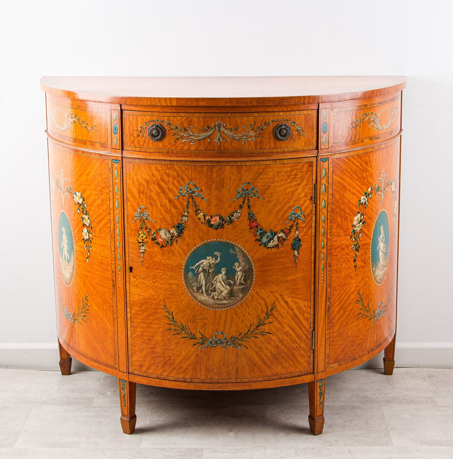 Edwardian Satinwood Painted Demi Lune Commode With Classical Decoration, C.1900 photo furniture