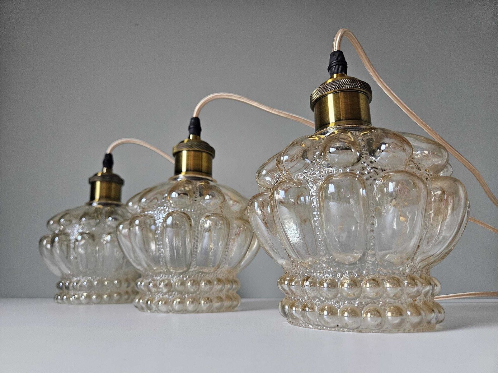 Set Of 3 / Vintage Textured Glass Pendant Light – Clear Bubble Glass, Mid Century Style, Amber Glass photo Lighting