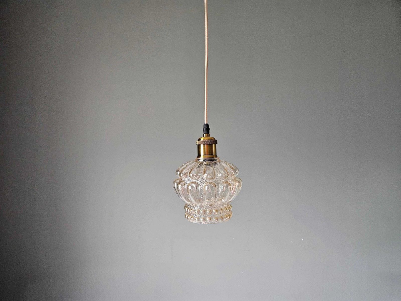 photo for sale Set Of 3 / Vintage Textured Glass Pendant Light – Clear Bubble Glass, Mid Century Style, Amber Glass
