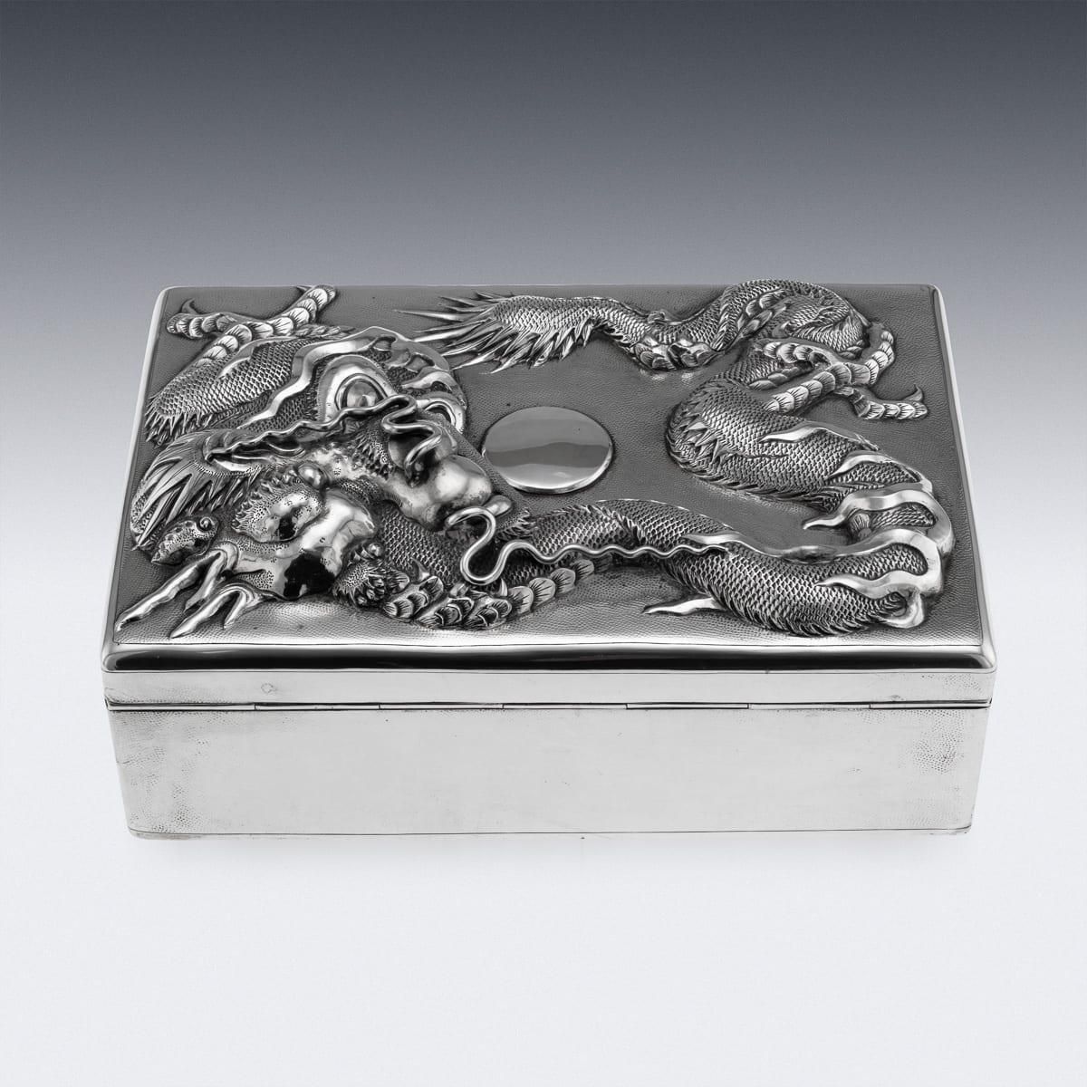 Antique Japanese Meiji Period Silver Humidor Box With Dragon Relief photo 4683.0