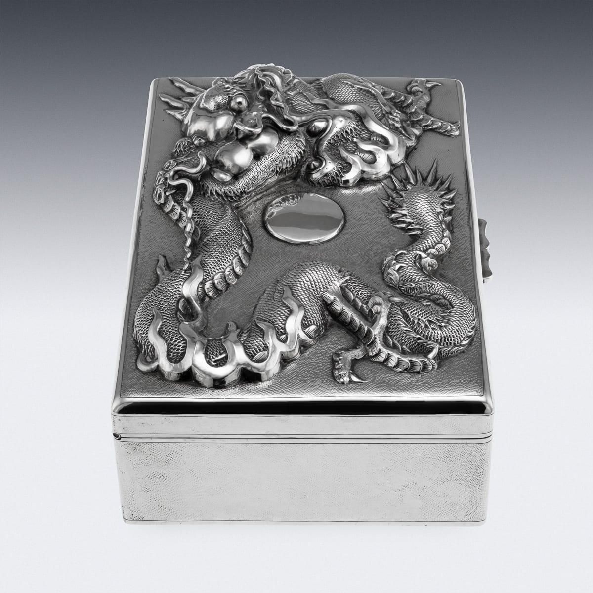 Antique Japanese Meiji Period Silver Humidor Box With Dragon Relief photo vinterior