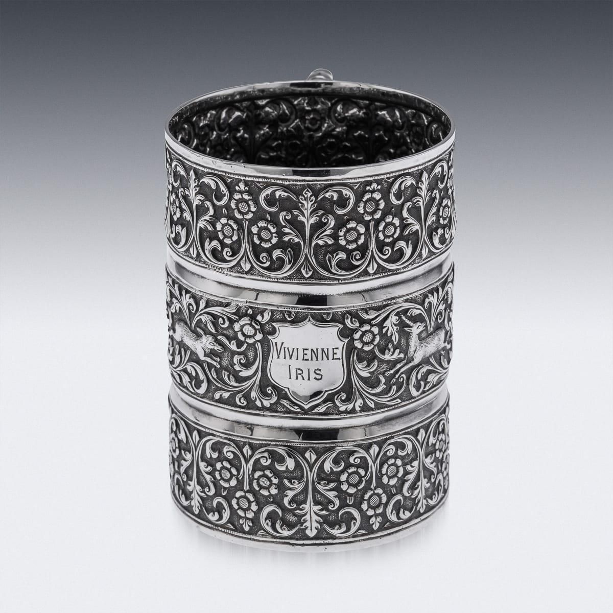 Antique Silver Mug By Oomersi Mawji, Kutch, Floral Repoussé, 1890 photo vinterior