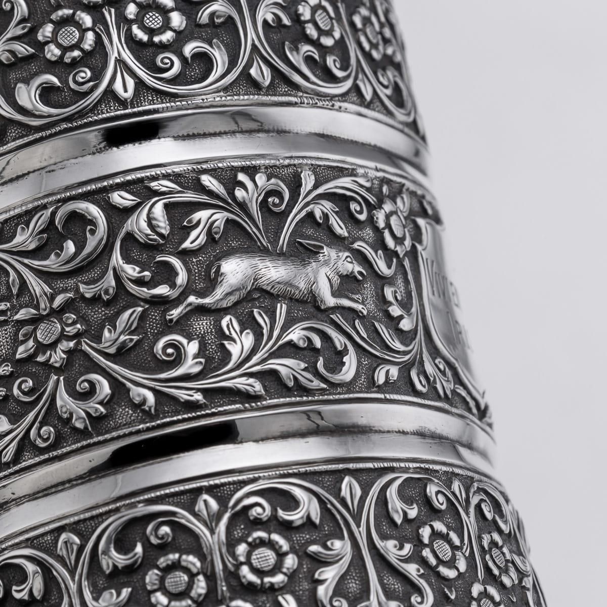 5618.0 Antique Silver Mug By Oomersi Mawji, Kutch, Floral Repoussé, 1890 photo