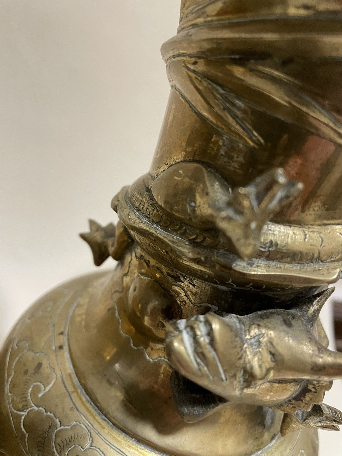 Pair Of  Heavy Brass Vases With Dragon Details Wrapped Round The Neck Vgc photo Home Decor