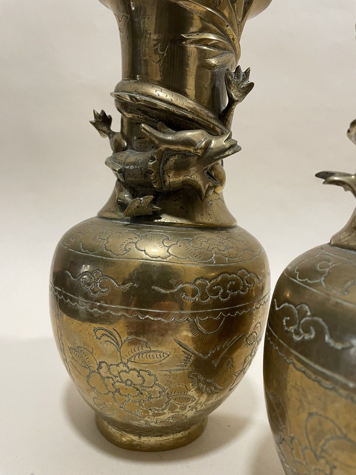 photo for sale Pair Of  Heavy Brass Vases With Dragon Details Wrapped Round The Neck Vgc