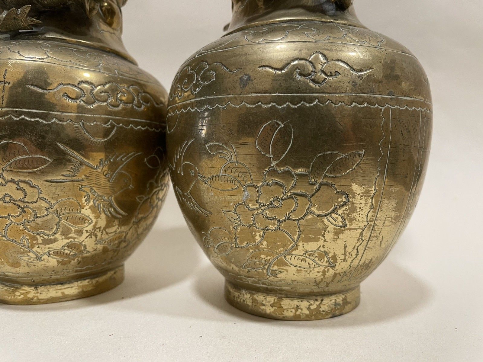 99.0 Pair Of  Heavy Brass Vases With Dragon Details Wrapped Round The Neck Vgc photo