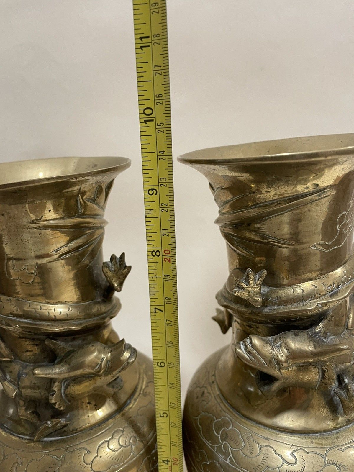 photo vintage Pair Of  Heavy Brass Vases With Dragon Details Wrapped Round The Neck Vgc