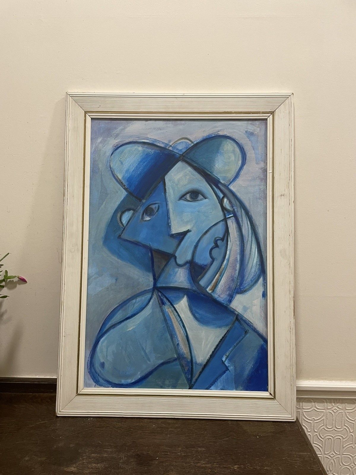 Large Vintage Original Oil Painting  Style Of Picasso Blue Woman Portrait Framed