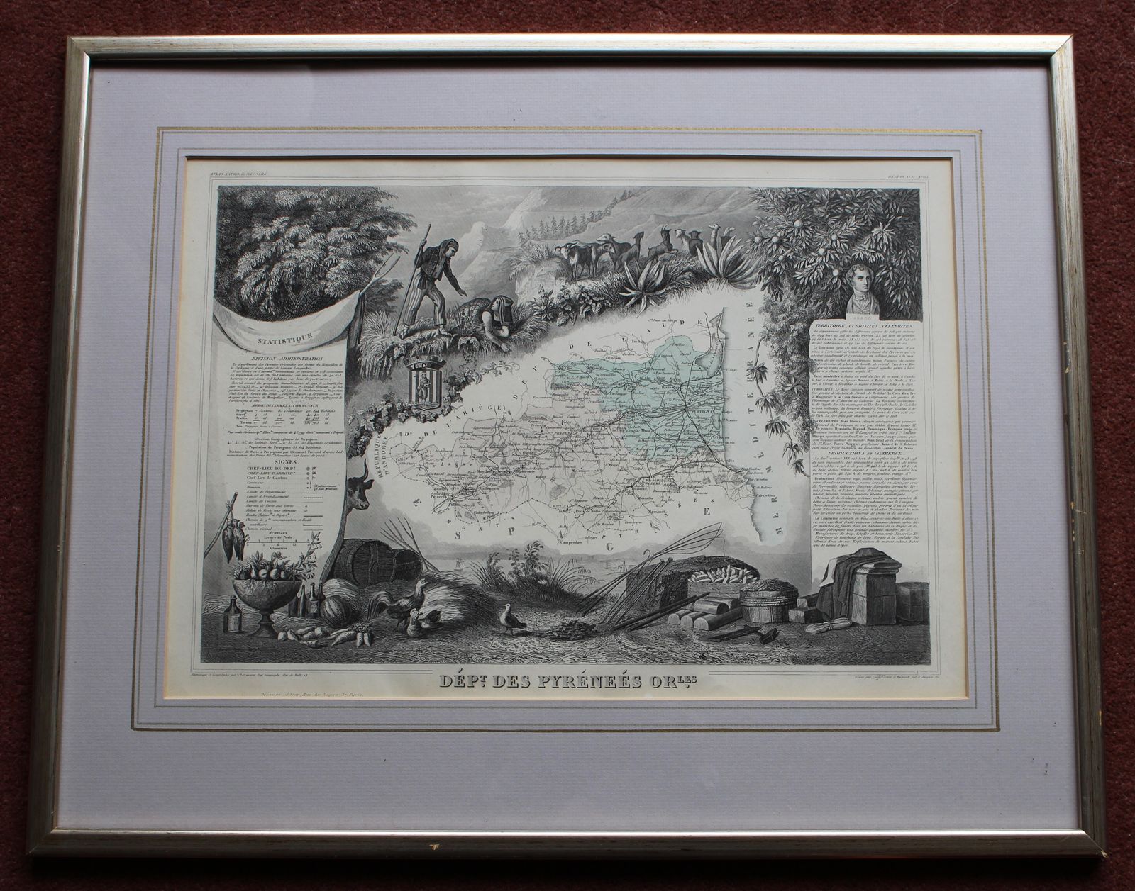 A Decorative Antique Map Titled "Dept. Des Pyrenees Orles" By  Victor Levasseur C1856